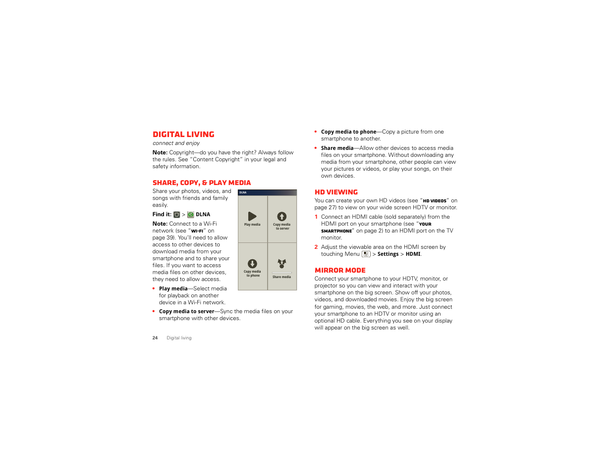 Digital living, Share, copy, & play media, Hd viewing | Mirror mode | Motorola DROID BIONIC XT875 User Manual | Page 26 / 68