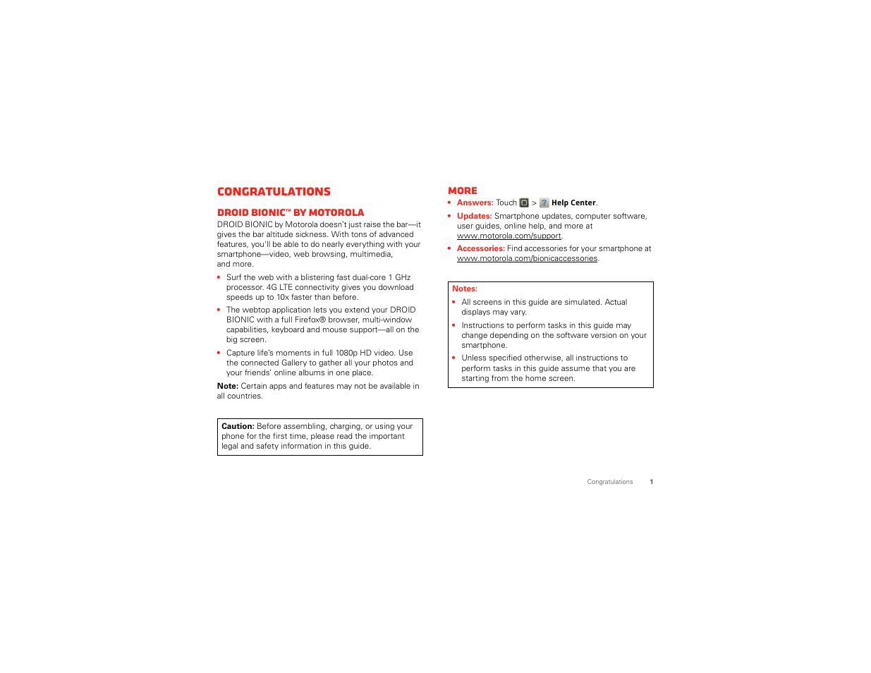 Congratulations, Droid bionic™ by motorola, More | Motorola DROID BIONIC XT875 User Manual | Page 3 / 68