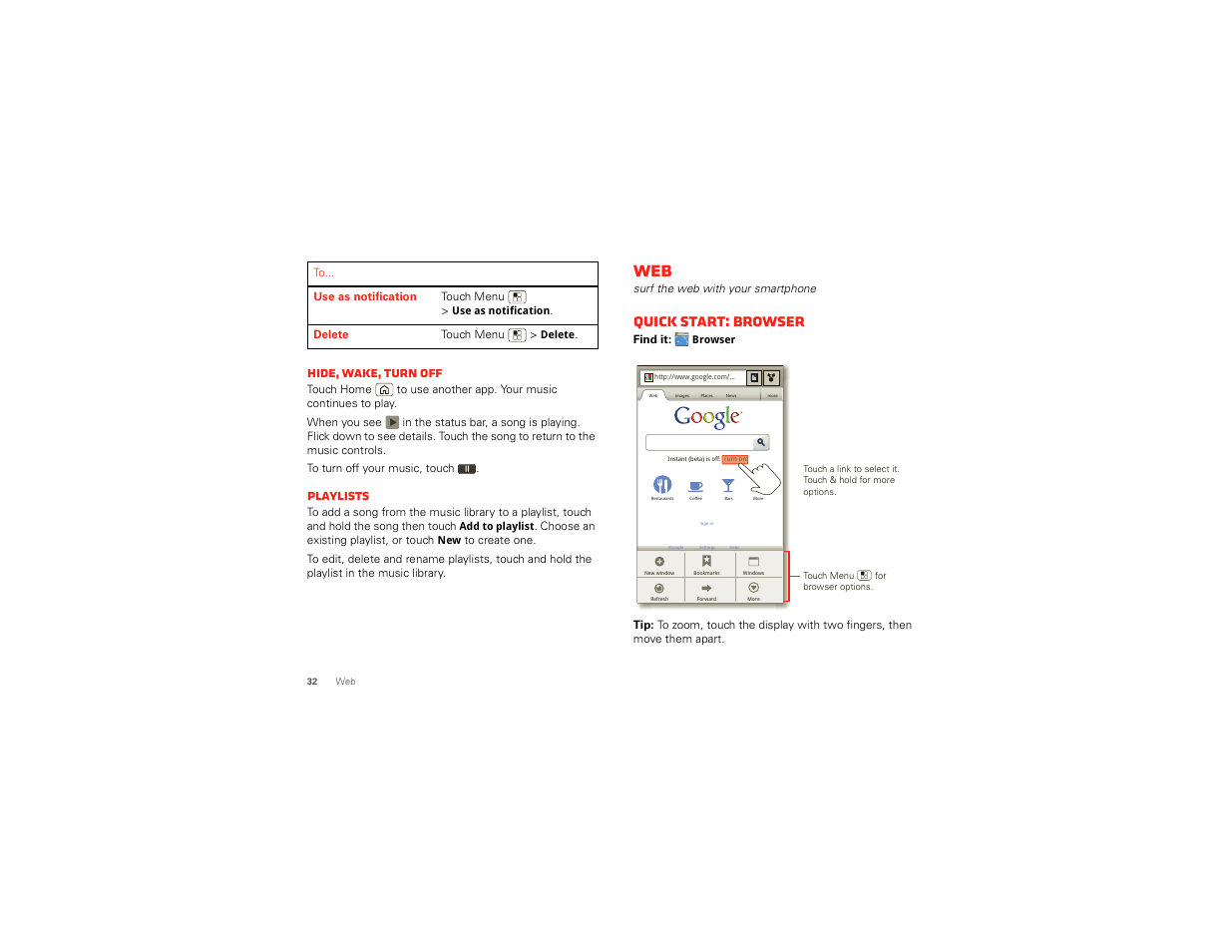 Quick start: browser, Hide, wake, turn off, Playlists | Motorola DROID BIONIC XT875 User Manual | Page 34 / 68