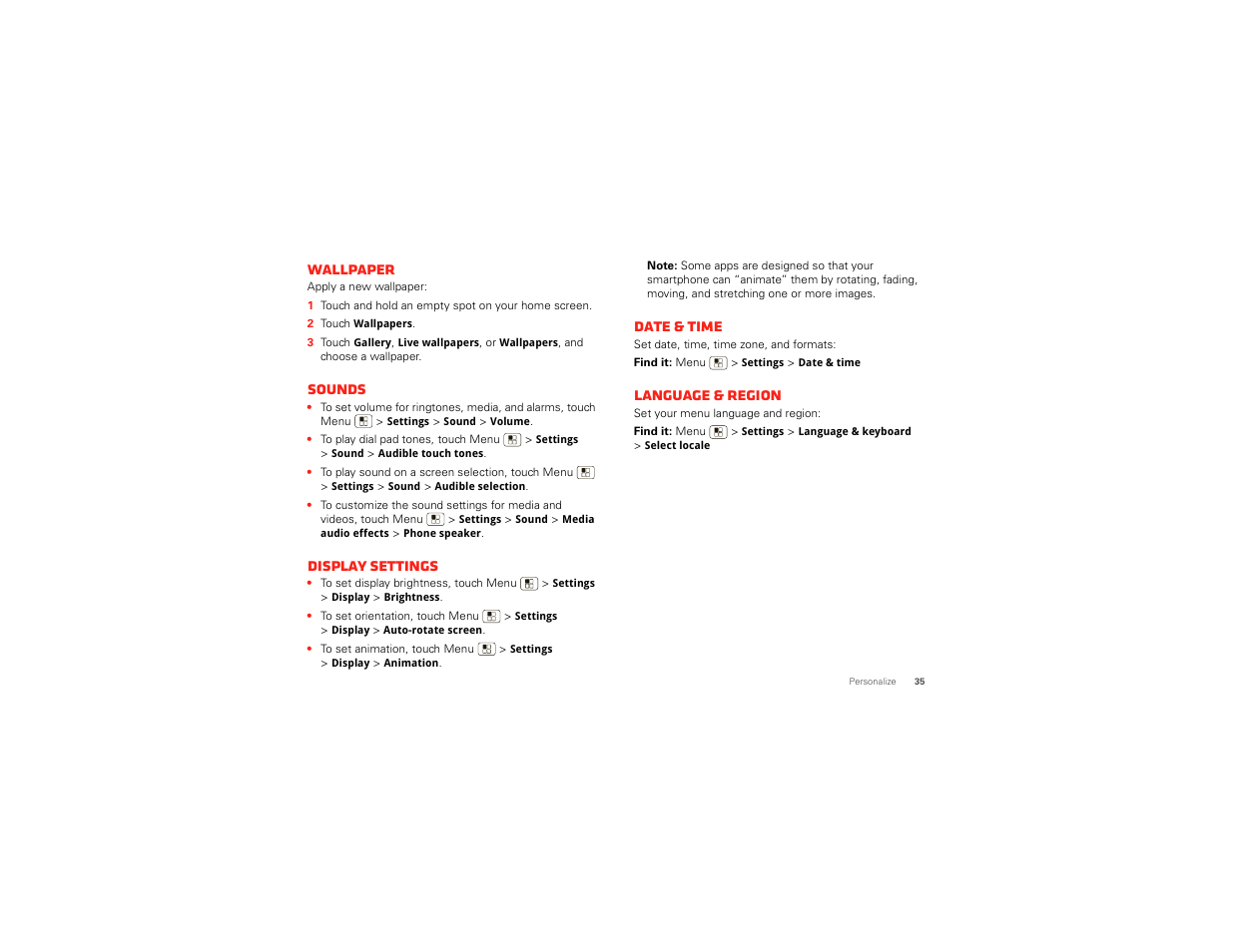 Wallpaper, Sounds, Display settings | Date & time, Language & region | Motorola DROID BIONIC XT875 User Manual | Page 37 / 68