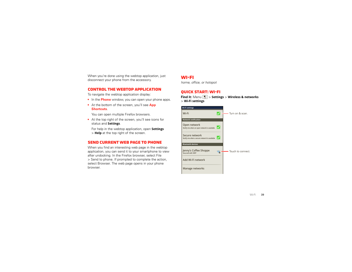 Control the webtop application, Wi-fi, Quick start: wi-fi | Send current web page to phone | Motorola DROID BIONIC XT875 User Manual | Page 41 / 68