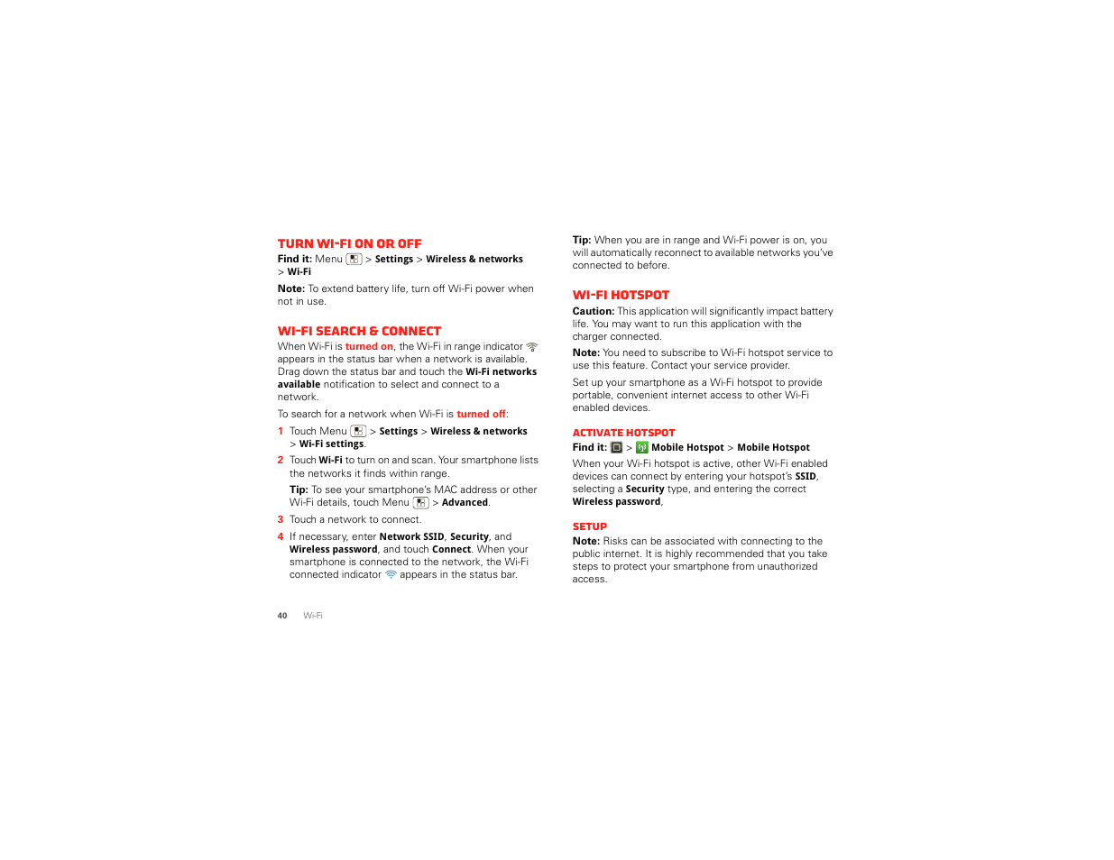 Turn wi-fi on or off, Wi-fi search & connect, Wi-fi hotspot | Motorola DROID BIONIC XT875 User Manual | Page 42 / 68