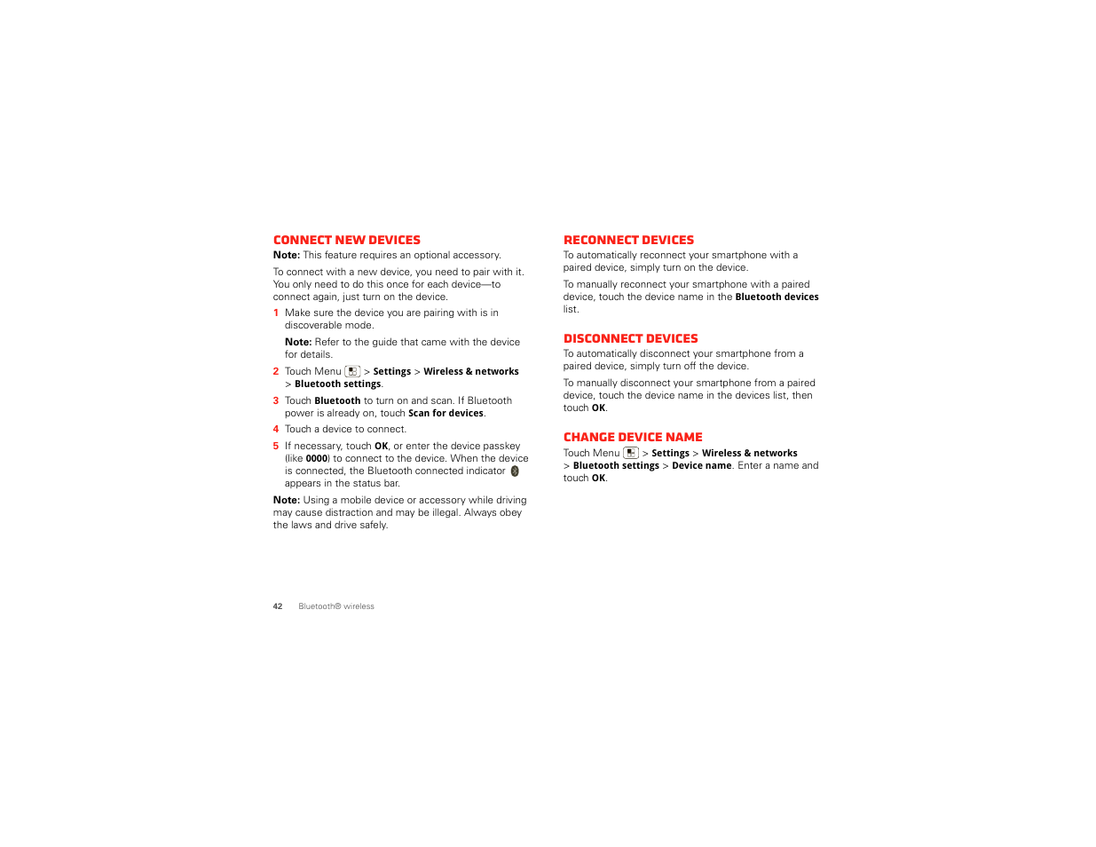 Connect new devices, Reconnect devices, Disconnect devices | Change device name | Motorola DROID BIONIC XT875 User Manual | Page 44 / 68