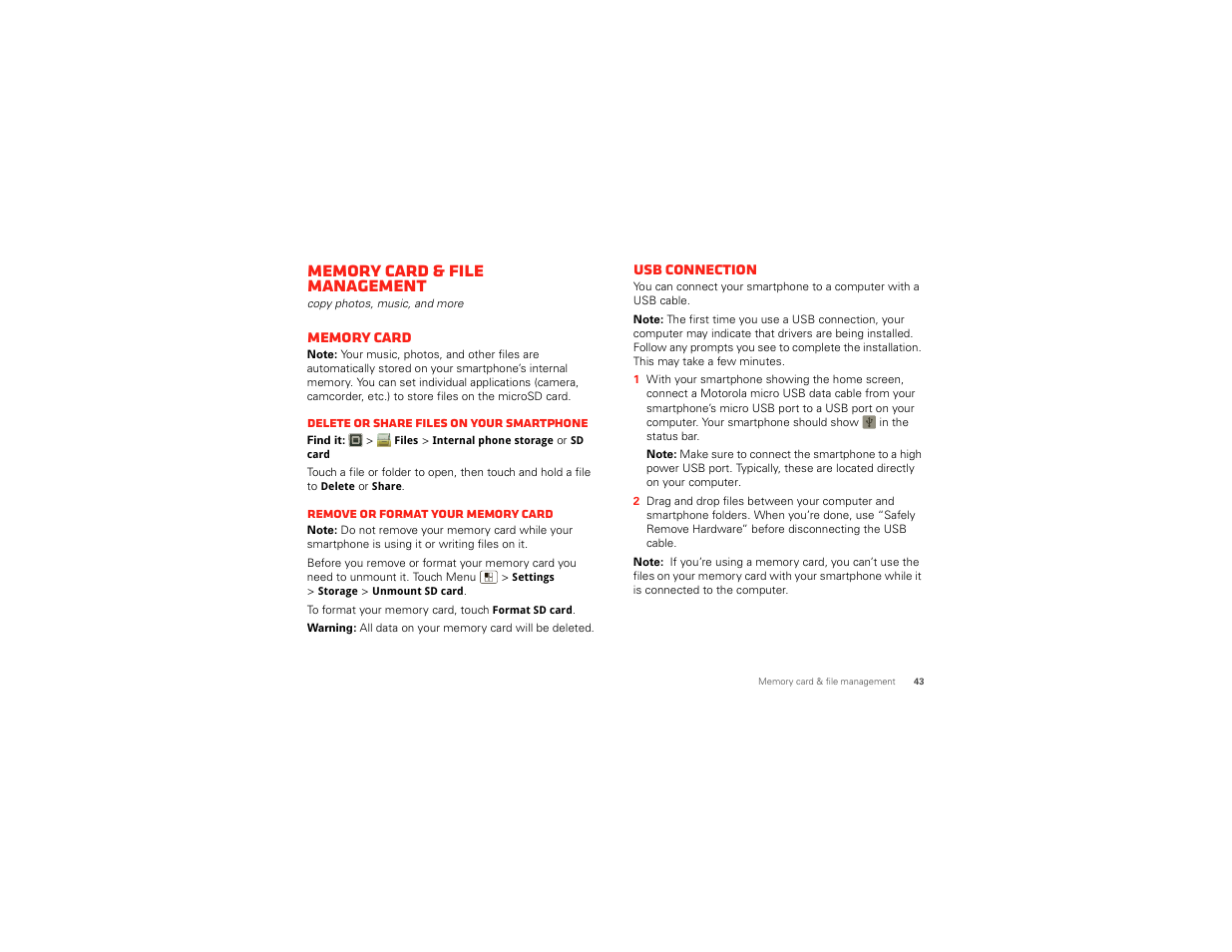 Memory card & file management, Memory card, Usb connection | Ee “ memory, Card | Motorola DROID BIONIC XT875 User Manual | Page 45 / 68