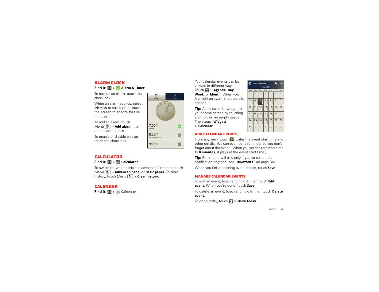 Alarm clock, Calculator, Calendar | Add calendar events, Manage calendar events | Motorola DROID BIONIC XT875 User Manual | Page 47 / 68