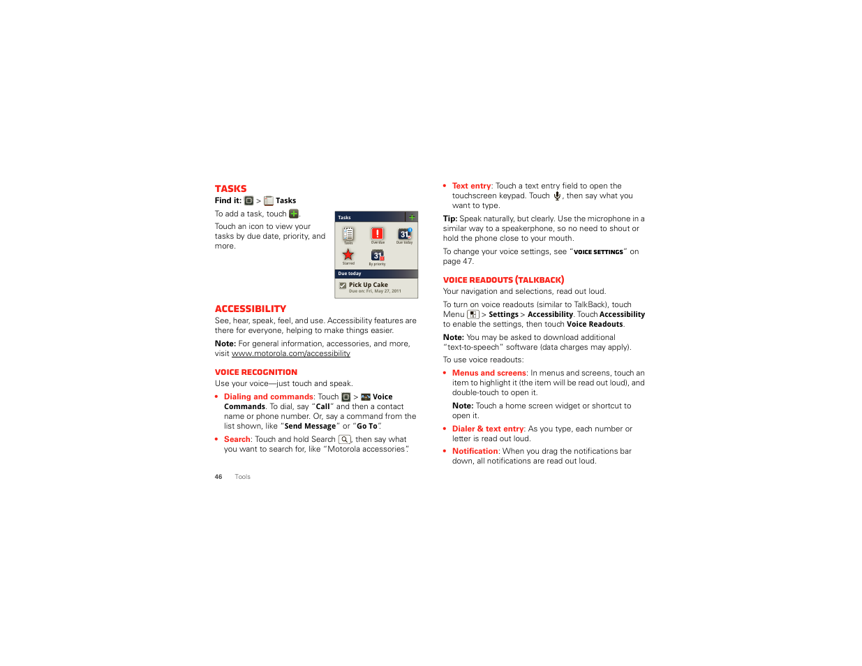 Tasks, Accessibility | Motorola DROID BIONIC XT875 User Manual | Page 48 / 68