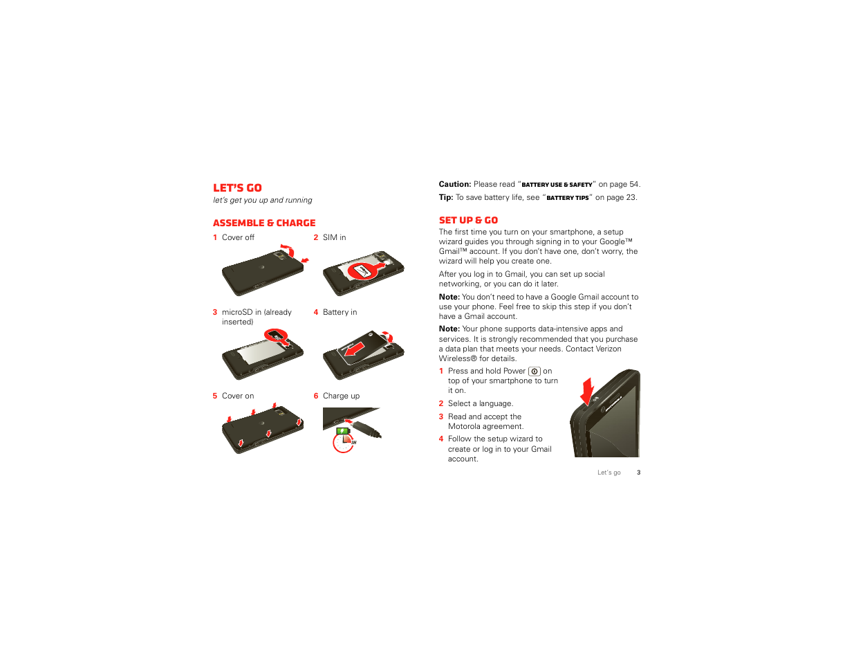 Let’s go, Assemble & charge, Set up & go | Motorola DROID BIONIC XT875 User Manual | Page 5 / 68