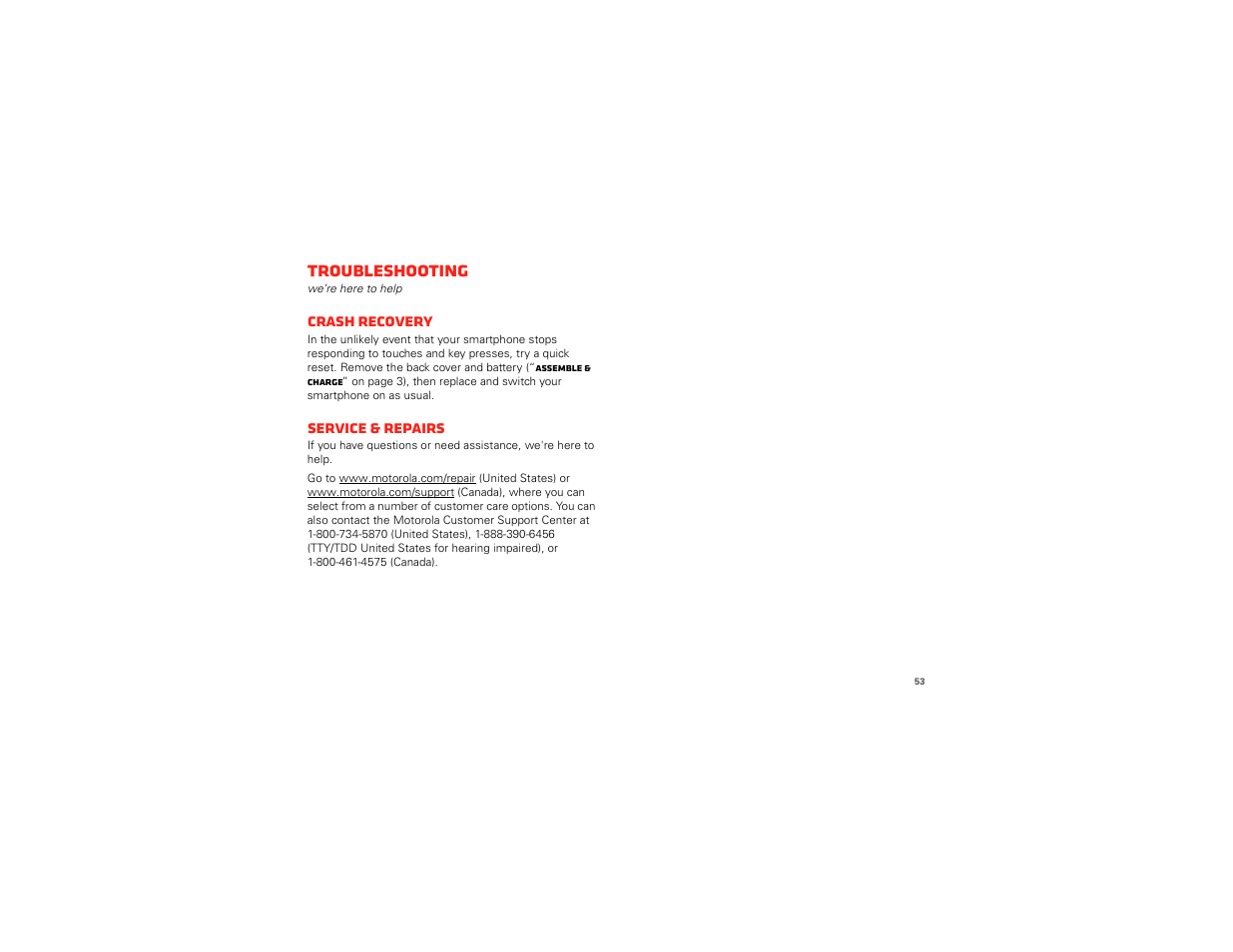 Troubleshooting, Crash recovery, Service & repairs | Motorola DROID BIONIC XT875 User Manual | Page 55 / 68