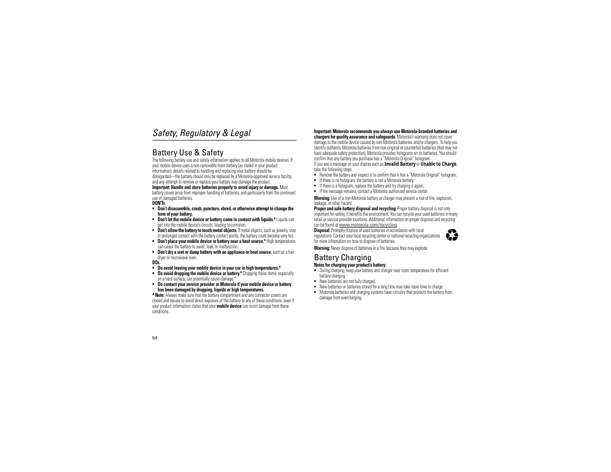 Safety, regulatory & legal, Battery use & safety, Battery charging | Motorola DROID BIONIC XT875 User Manual | Page 56 / 68