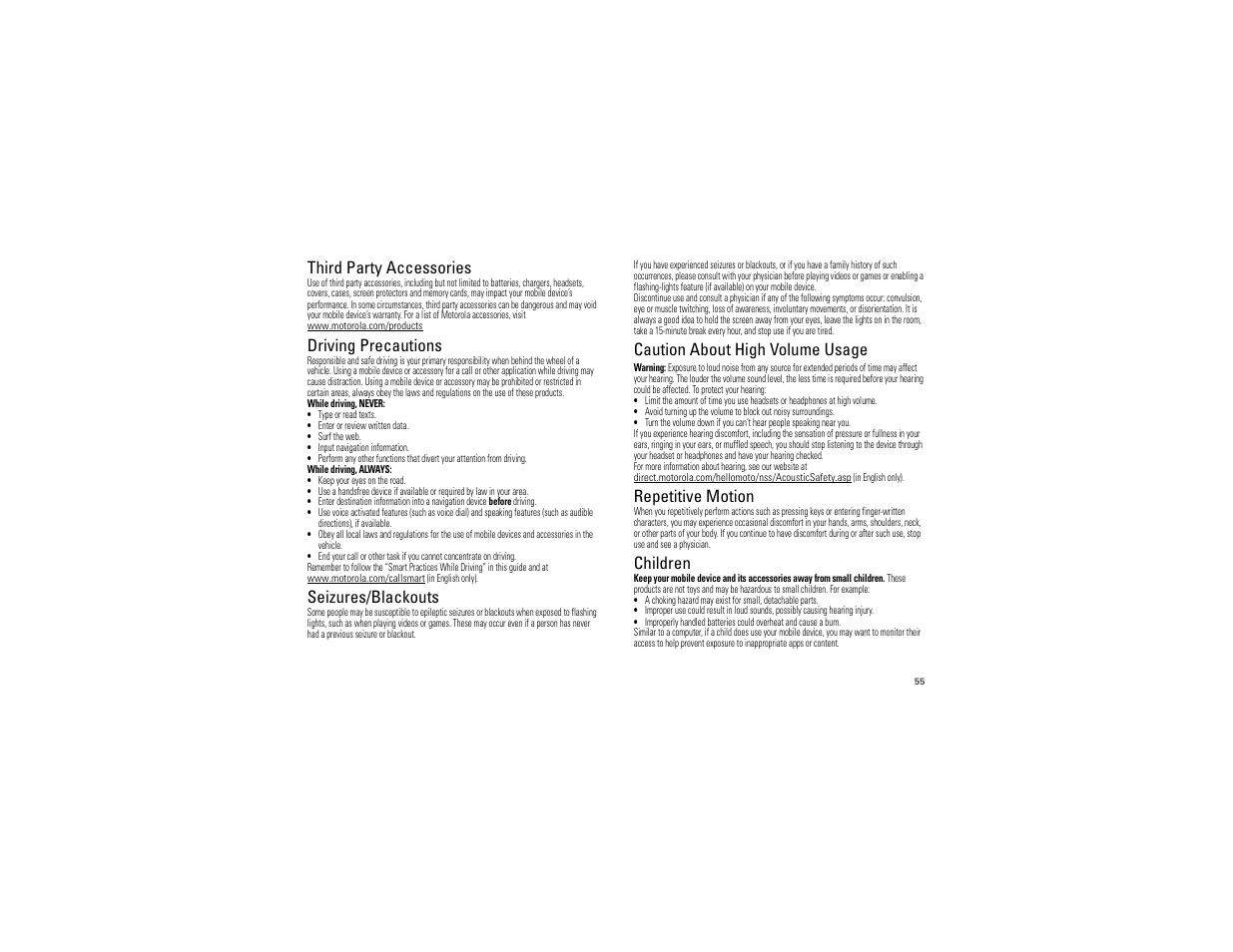 Third party accessories, Driving precautions, Seizures/blackouts | Caution about high volume usage, Repetitive motion, Children | Motorola DROID BIONIC XT875 User Manual | Page 57 / 68