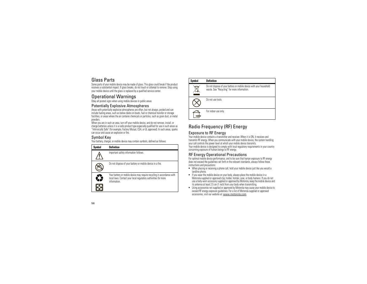 Glass parts, Operational warnings, Radio frequency (rf) energy | Motorola DROID BIONIC XT875 User Manual | Page 58 / 68