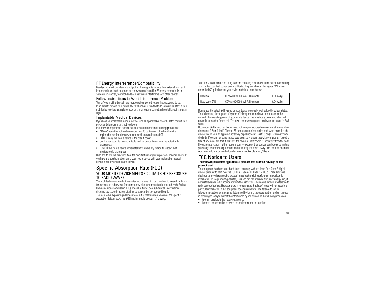 Specific absorption rate (fcc), Fcc notice to users | Motorola DROID BIONIC XT875 User Manual | Page 59 / 68