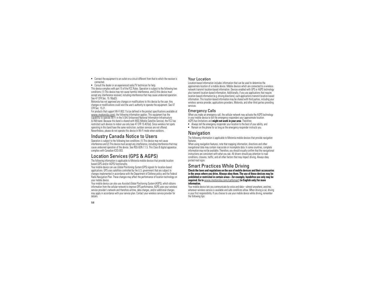 Industry canada notice to users, Location services (gps & agps), Navigation | Smart practices while driving | Motorola DROID BIONIC XT875 User Manual | Page 60 / 68