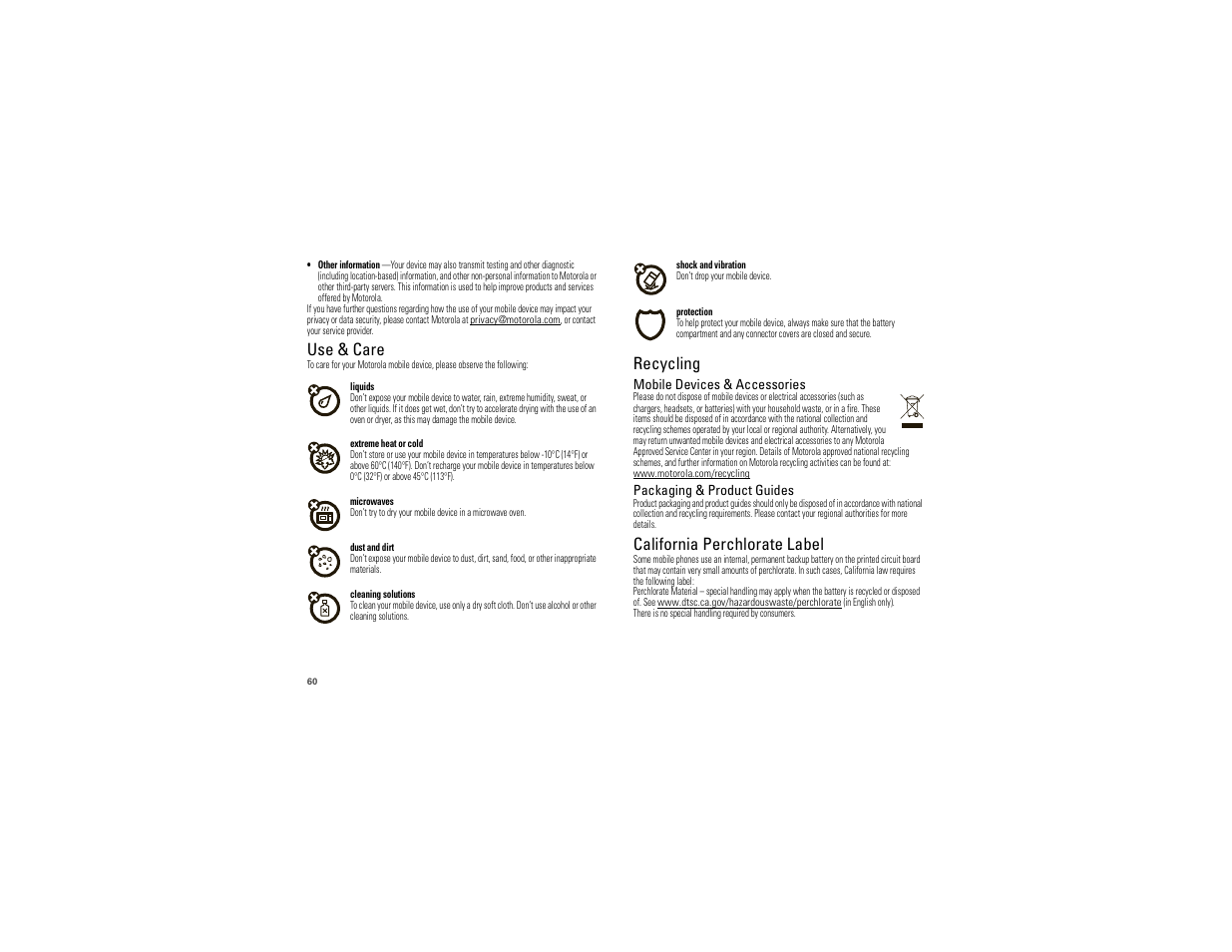 Use & care, Recycling, California perchlorate label | Motorola DROID BIONIC XT875 User Manual | Page 62 / 68