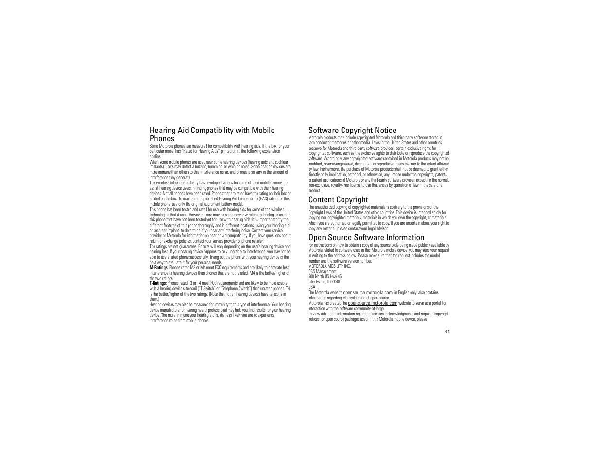 Hearing aid compatibility with mobile phones, Software copyright notice, Content copyright | Open source software information | Motorola DROID BIONIC XT875 User Manual | Page 63 / 68