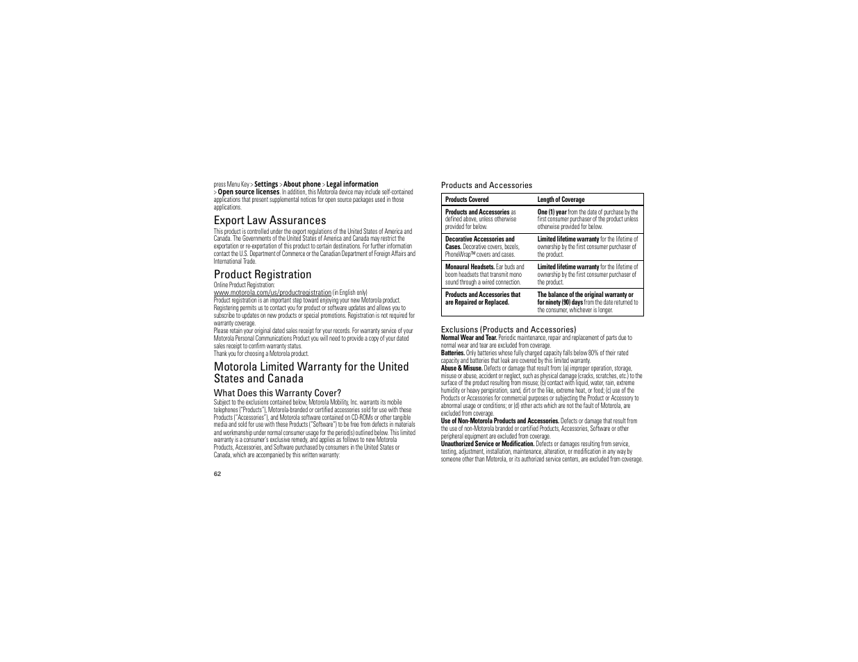 Export law assurances, Product registration | Motorola DROID BIONIC XT875 User Manual | Page 64 / 68