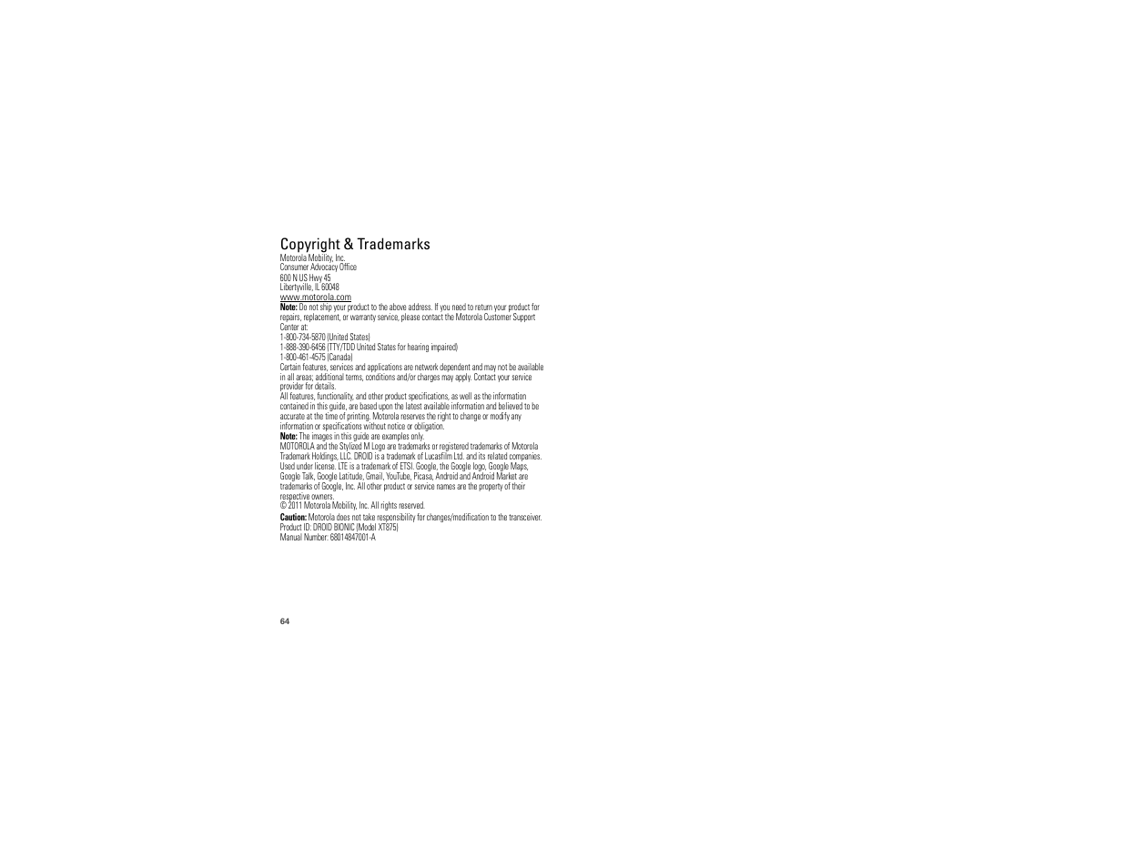 Copyright & trademarks | Motorola DROID BIONIC XT875 User Manual | Page 66 / 68