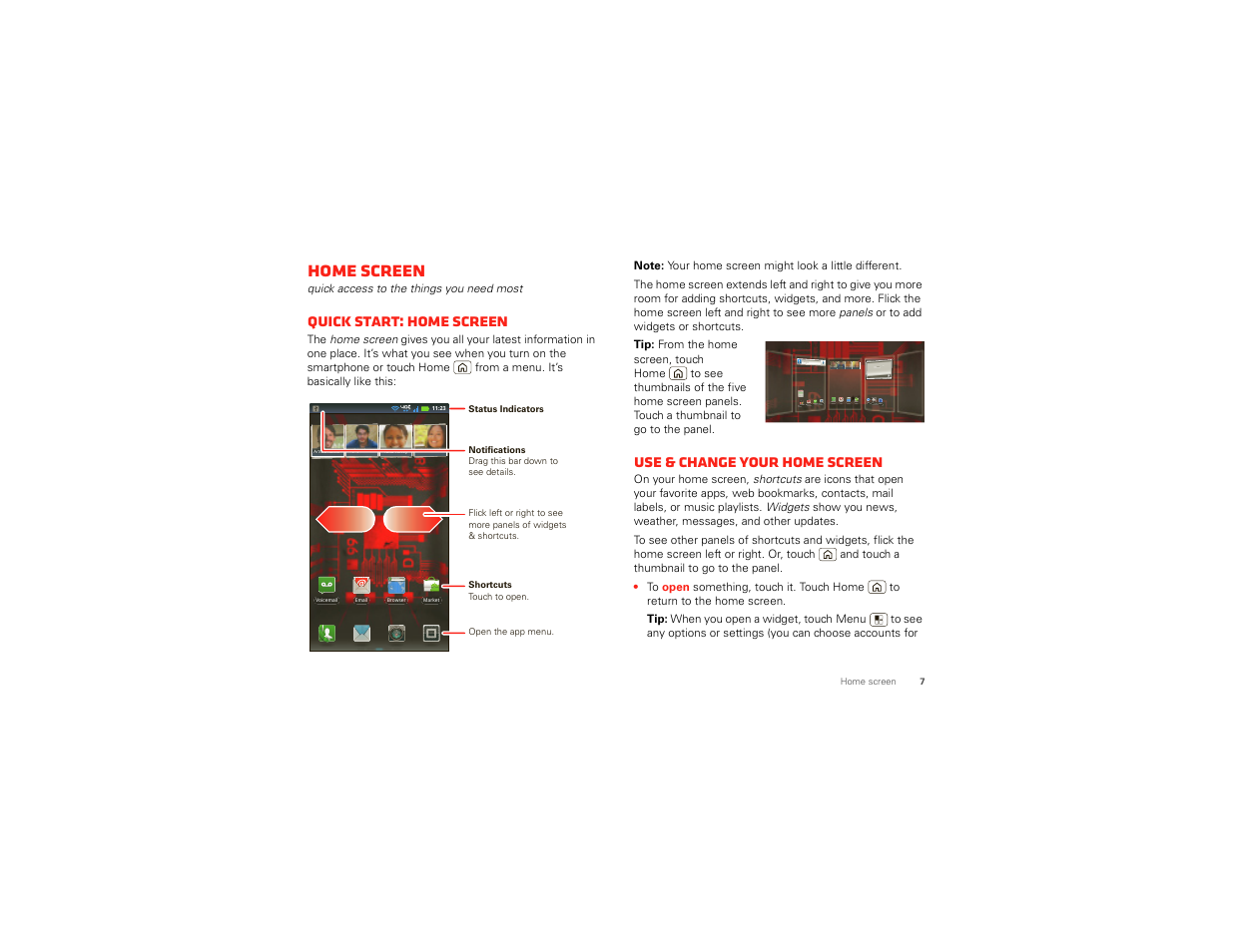 Home screen, Quick start: home screen, Use & change your home screen | Motorola DROID BIONIC XT875 User Manual | Page 9 / 68
