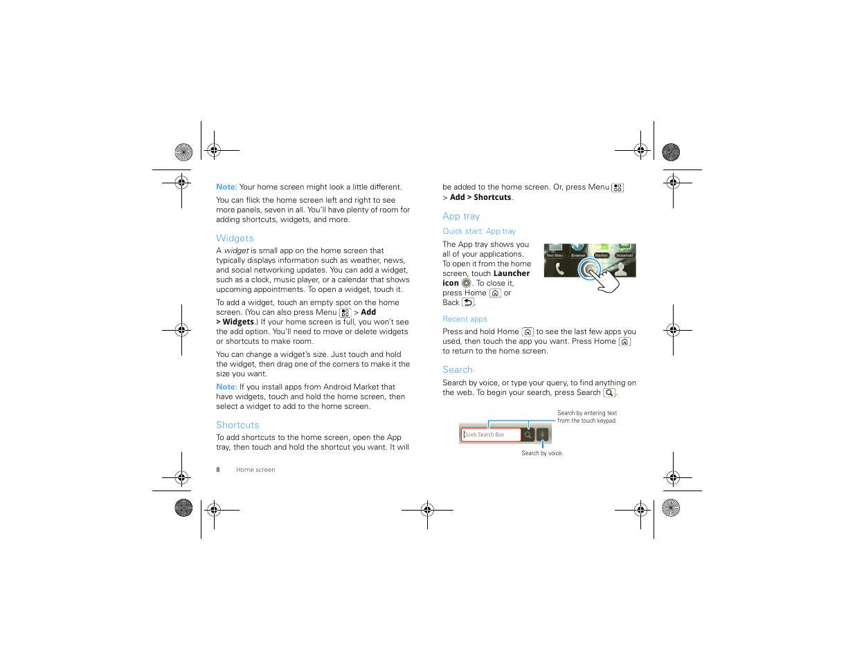 Widgets, Shortcuts, App tray | Search | Motorola 68000202880-A User Manual | Page 10 / 68