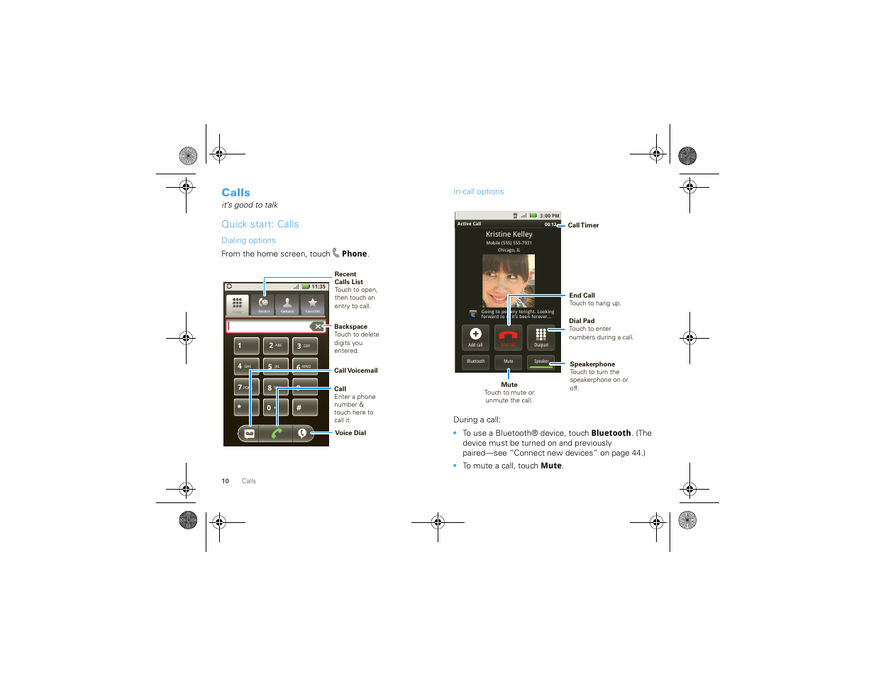 Calls, Quick start: calls | Motorola 68000202880-A User Manual | Page 12 / 68