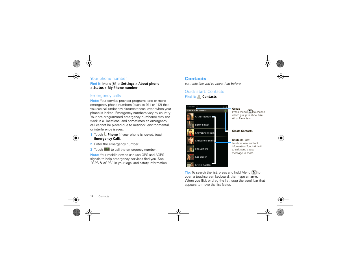 Your phone number, Emergency calls, Contacts | Quick start: contacts | Motorola 68000202880-A User Manual | Page 14 / 68