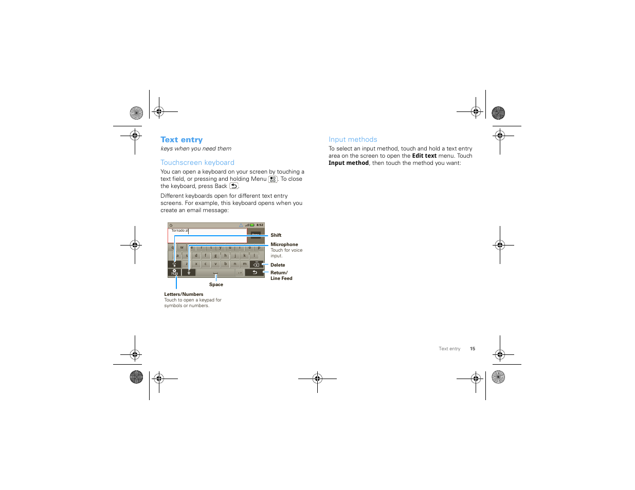 Text entry, Touchscreen keyboard, Input methods | Motorola 68000202880-A User Manual | Page 17 / 68