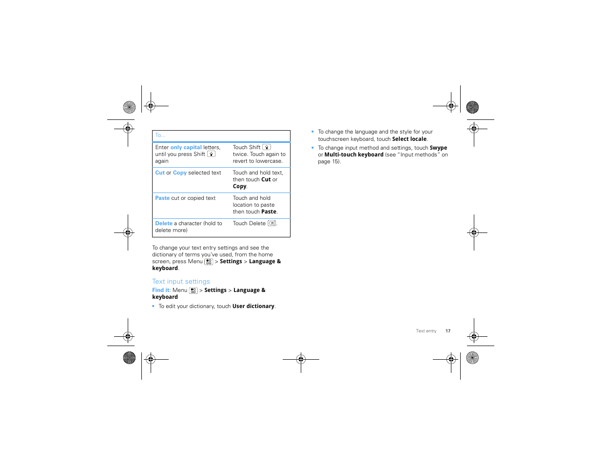 Text input settings | Motorola 68000202880-A User Manual | Page 19 / 68