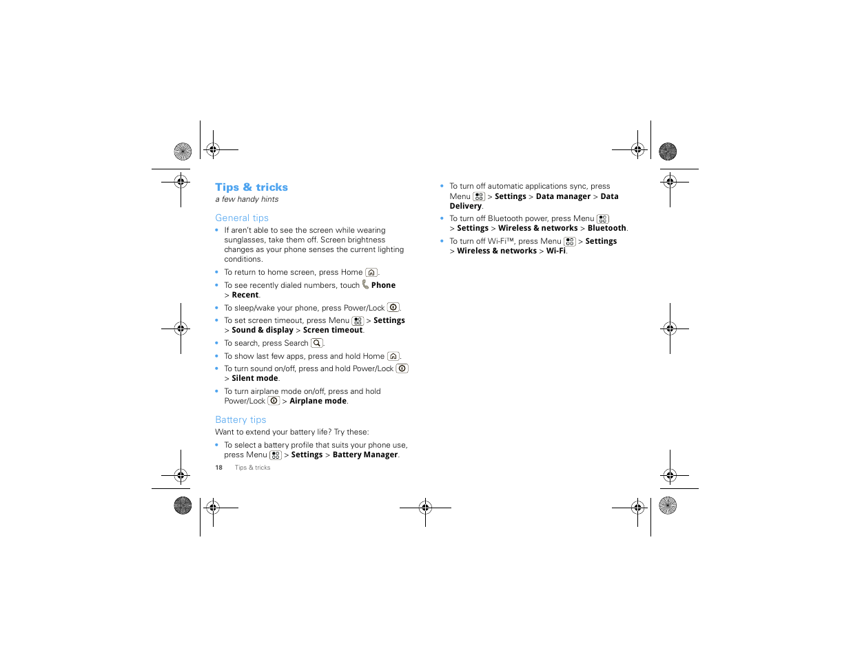 Tips & tricks, General tips, Battery tips | Motorola 68000202880-A User Manual | Page 20 / 68