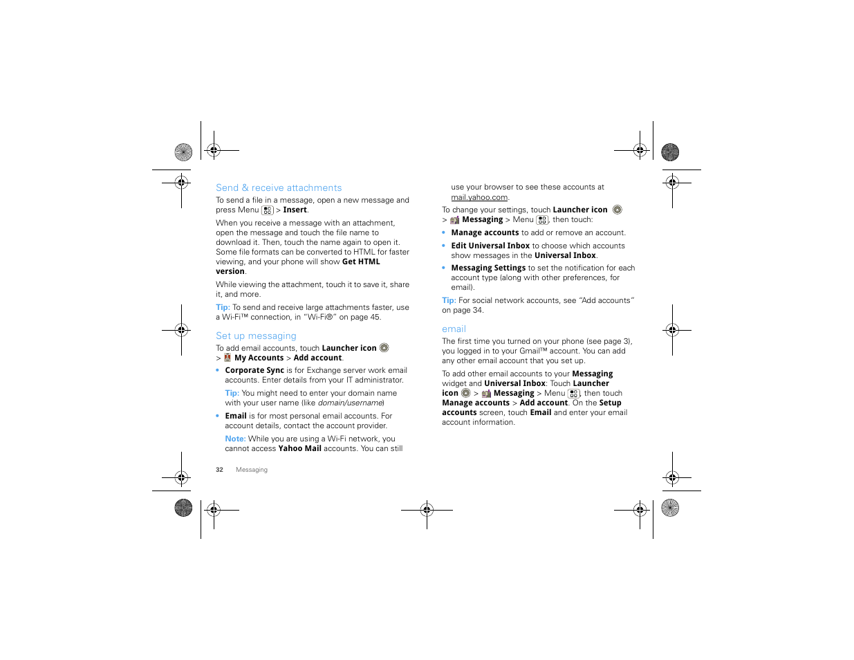 Send & receive attachments, Set up messaging, Email | Motorola 68000202880-A User Manual | Page 34 / 68