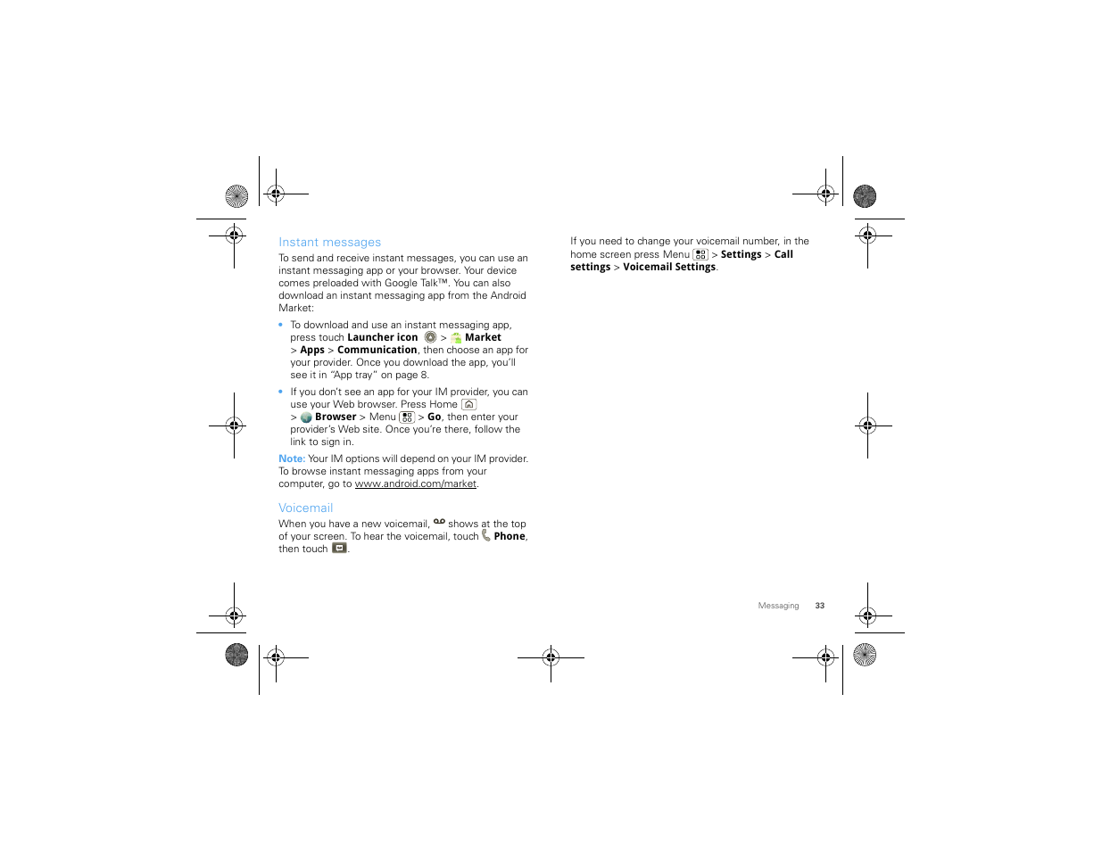 Instant messages, Voicemail | Motorola 68000202880-A User Manual | Page 35 / 68