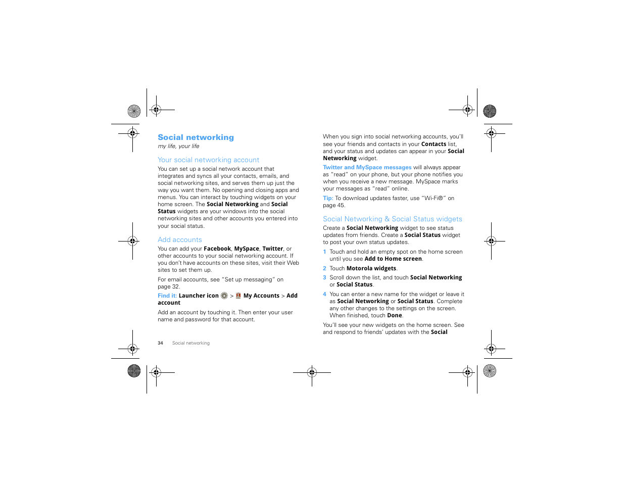Social networking, Your social networking account, Add accounts | Social networking & social status widgets | Motorola 68000202880-A User Manual | Page 36 / 68
