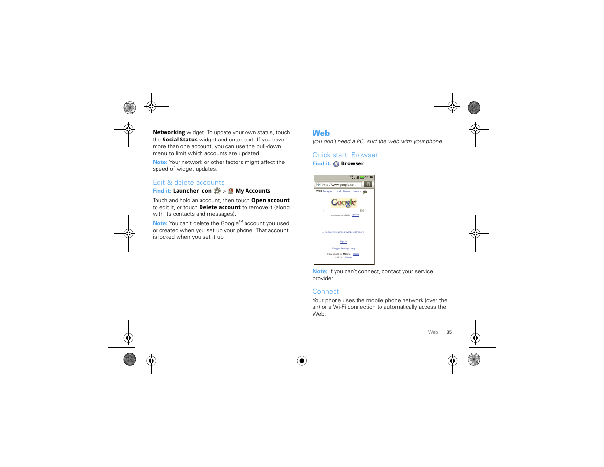 Edit & delete accounts, Quick start: browser, Connect | Motorola 68000202880-A User Manual | Page 37 / 68