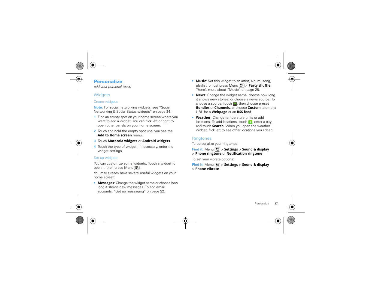 Personalize, Widgets, Ringtones | Motorola 68000202880-A User Manual | Page 39 / 68