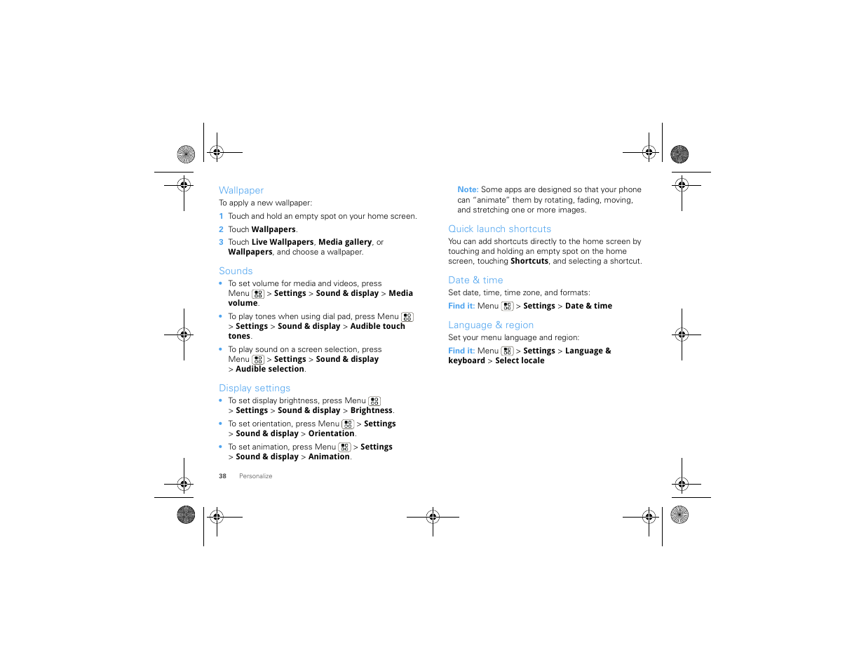 Wallpaper, Sounds, Display settings | Quick launch shortcuts, Date & time, Language & region | Motorola 68000202880-A User Manual | Page 40 / 68