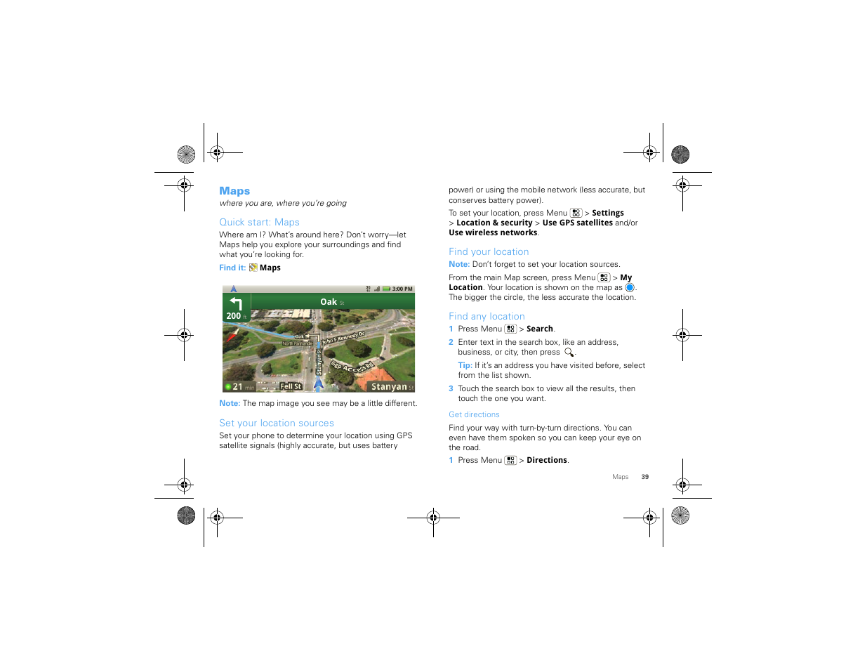 Maps, Quick start: maps, Set your location sources | Find your location, Find any location | Motorola 68000202880-A User Manual | Page 41 / 68