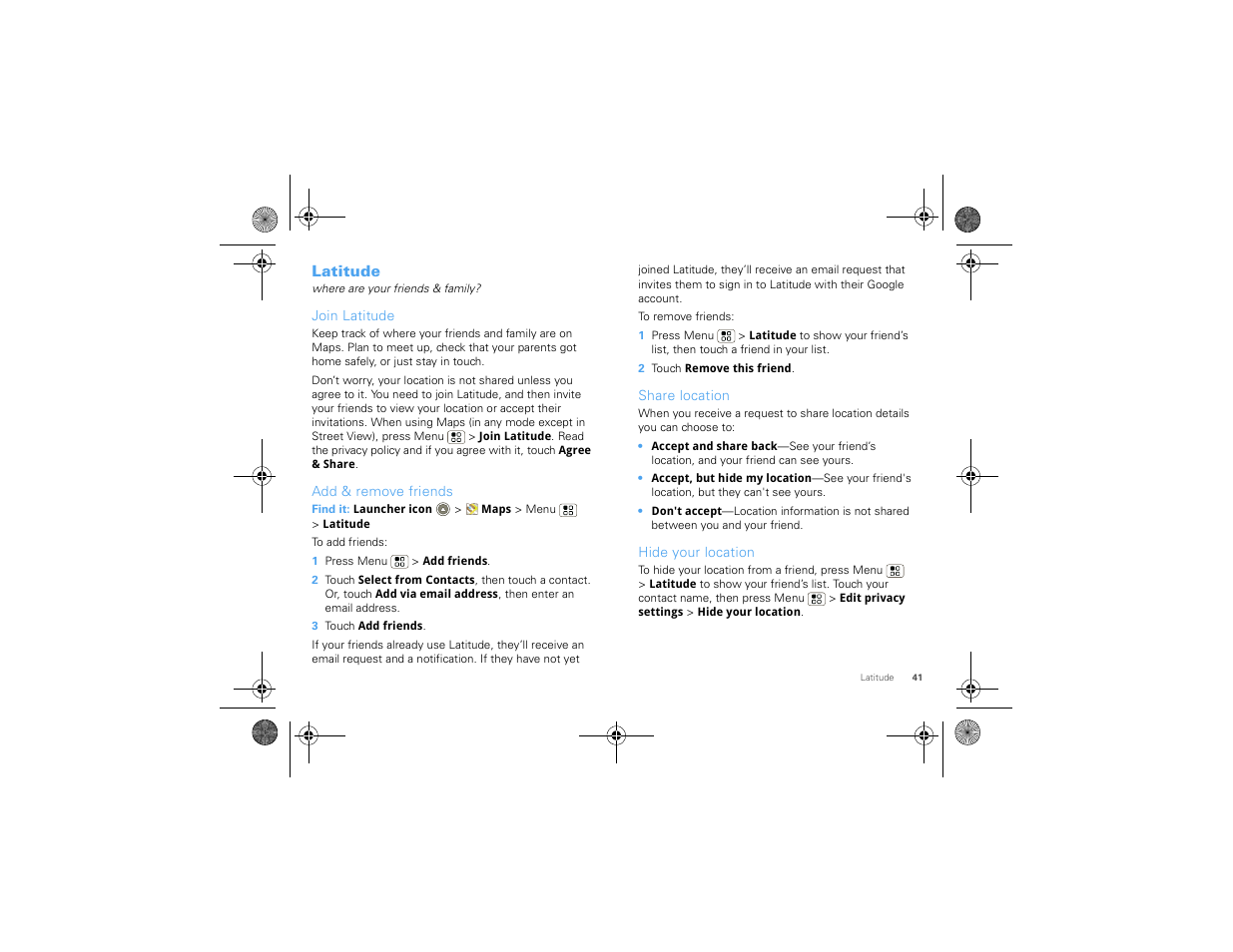 Latitude, Join latitude, Add & remove friends | Share location, Hide your location | Motorola 68000202880-A User Manual | Page 43 / 68