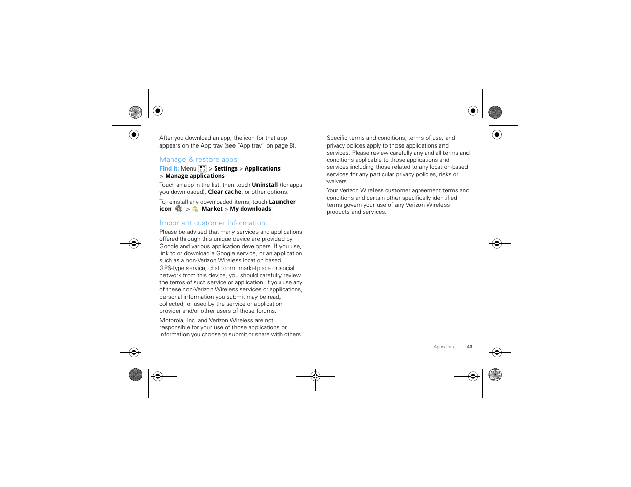 Manage & restore apps, Important customer information | Motorola 68000202880-A User Manual | Page 45 / 68