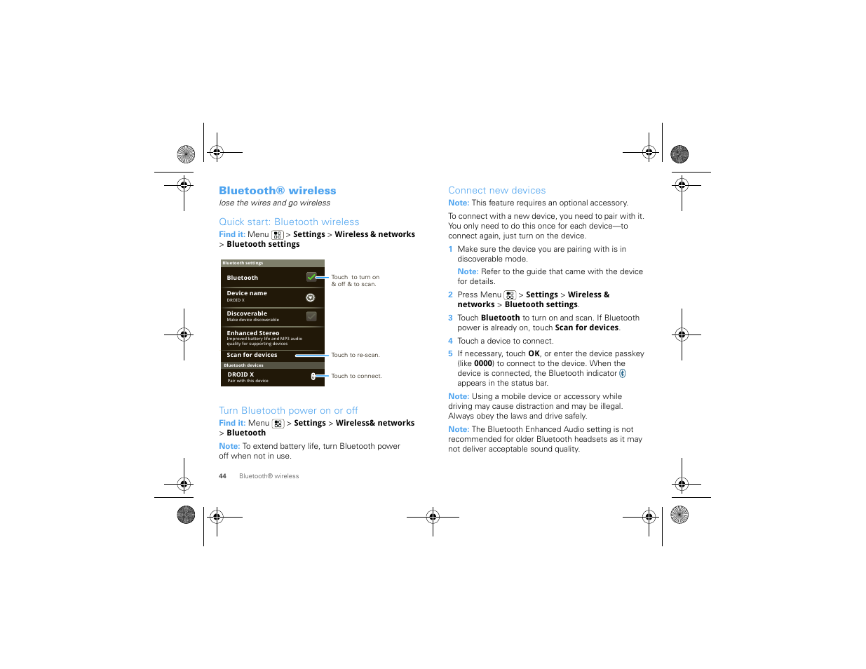 Bluetooth® wireless, Quick start: bluetooth wireless, Turn bluetooth power on or off | Connect new devices | Motorola 68000202880-A User Manual | Page 46 / 68
