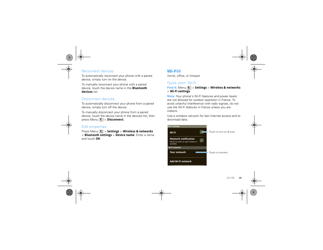 Reconnect devices, Disconnect devices, Edit properties | Wi-fi, Quick start: wi-fi | Motorola 68000202880-A User Manual | Page 47 / 68