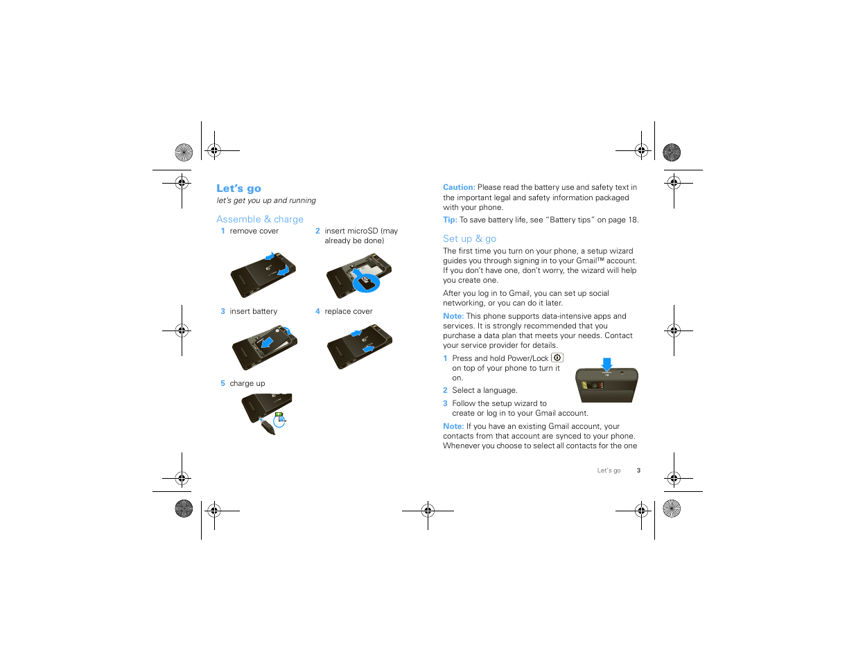 Let’s go, Assemble & charge, Set up & go | Motorola 68000202880-A User Manual | Page 5 / 68