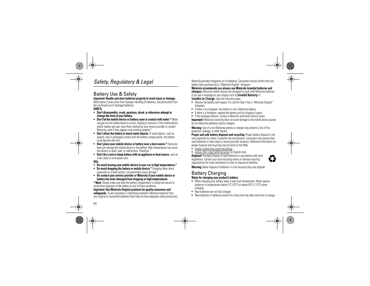 Safety, regulatory & legal, Battery use & safety, Battery charging | Motorola 68000202880-A User Manual | Page 54 / 68