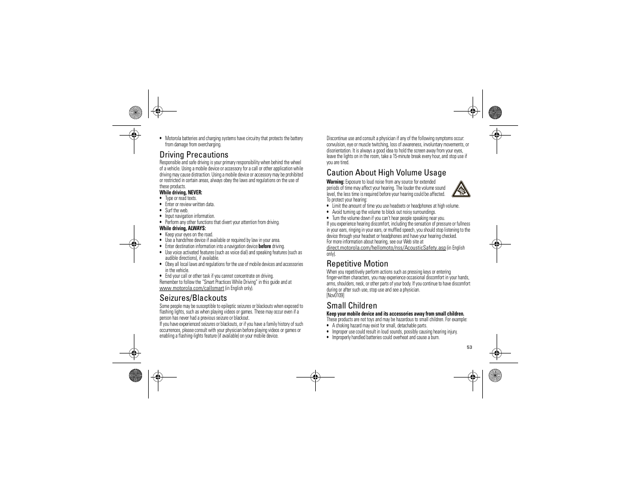 Driving precautions, Seizures/blackouts, Caution about high volume usage | Repetitive motion, Small children | Motorola 68000202880-A User Manual | Page 55 / 68
