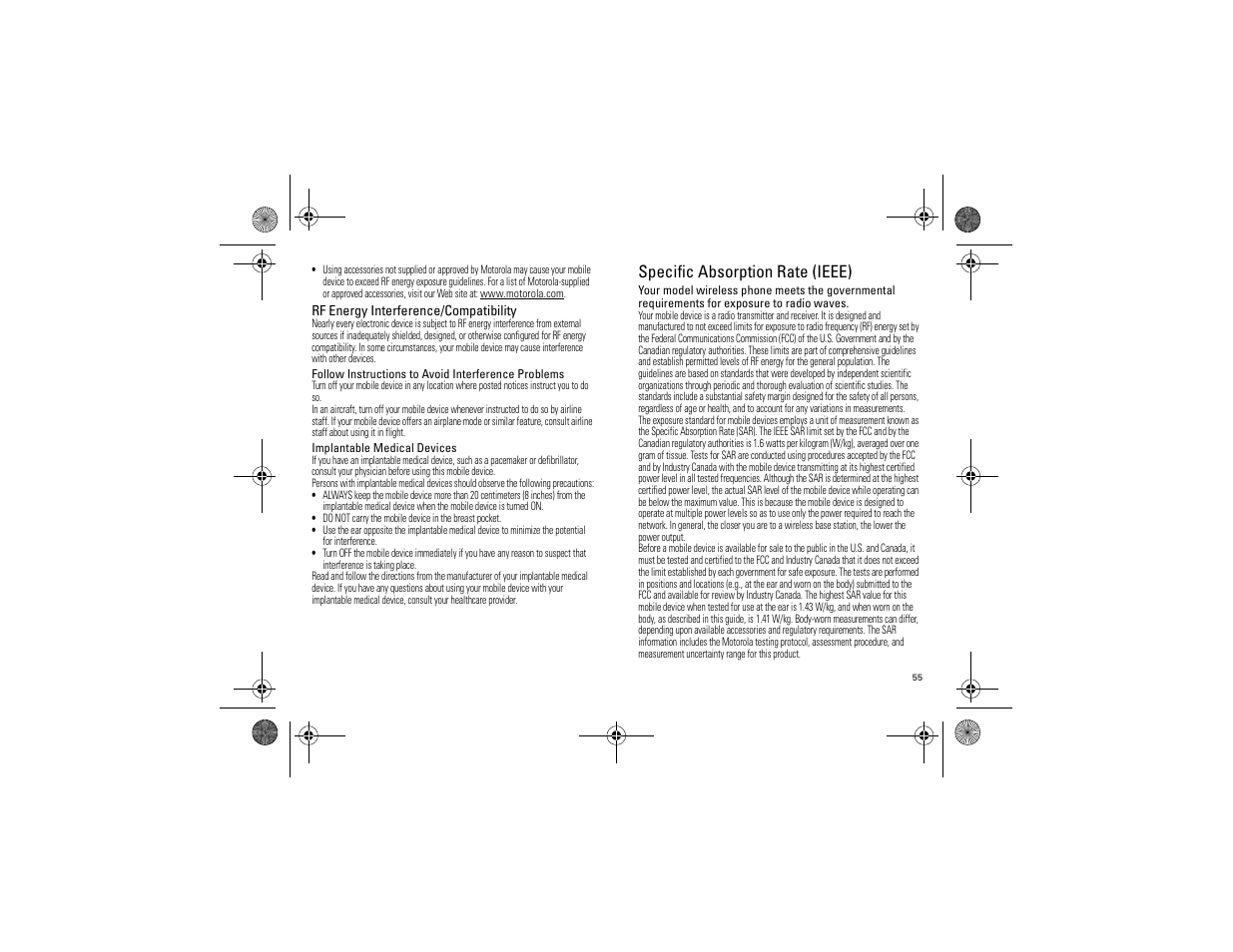 Sar (ieee), Specific absorption rate (ieee) | Motorola 68000202880-A User Manual | Page 57 / 68