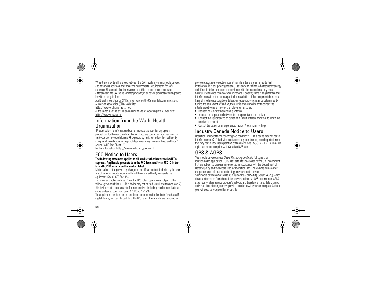 Who information, Fcc notice, Industry canada notice | Gps & agps, Information from the world health organization, Fcc notice to users, Industry canada notice to users | Motorola 68000202880-A User Manual | Page 58 / 68