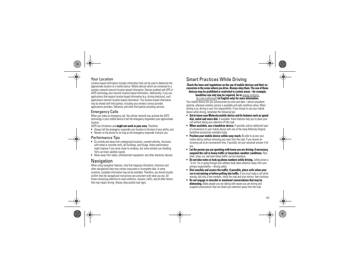 Navigation, Driving safety, Smart practices while driving | Motorola 68000202880-A User Manual | Page 59 / 68