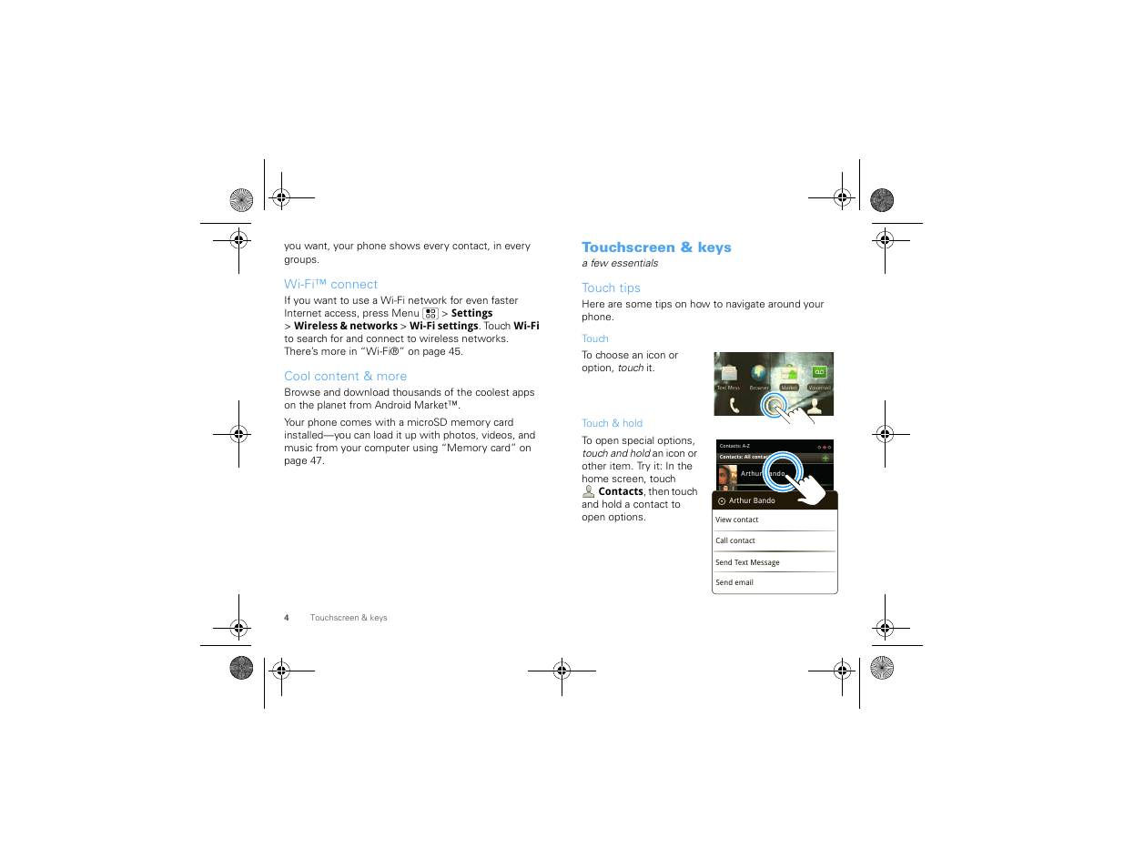Wi-fi™ connect, Cool content & more, Touchscreen & keys | Touch tips | Motorola 68000202880-A User Manual | Page 6 / 68