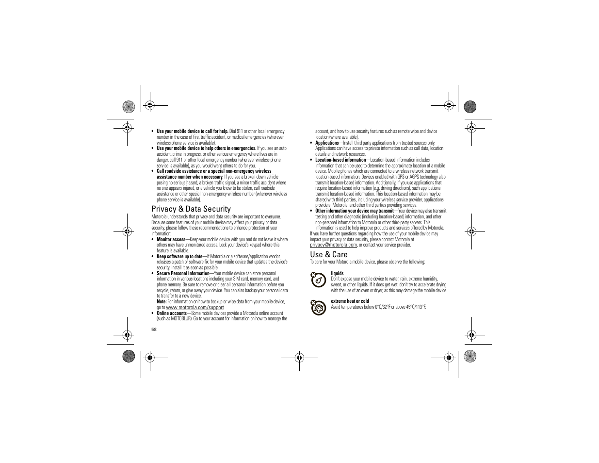 Privacy & data security, Use & care | Motorola 68000202880-A User Manual | Page 60 / 68