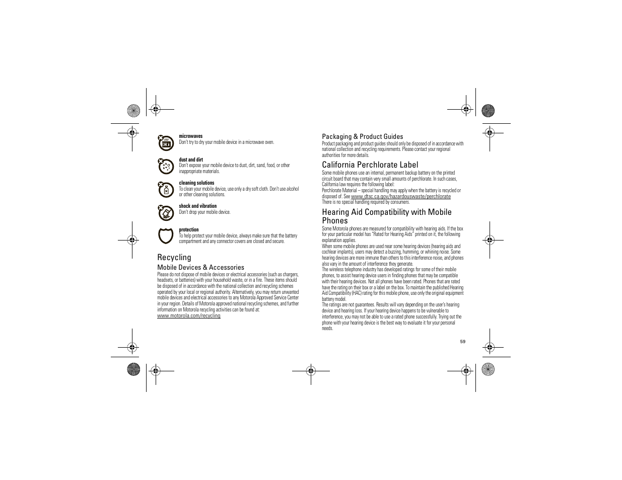 Recycling, Perchlorate label, Hearing aid compatibility | California perchlorate label, Hearing aid compatibility with mobile phones | Motorola 68000202880-A User Manual | Page 61 / 68