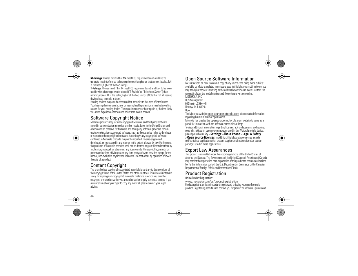 Software copyright notice, Content copyright, Oss information | Export law, Registration, Open source software information, Export law assurances, Product registration | Motorola 68000202880-A User Manual | Page 62 / 68