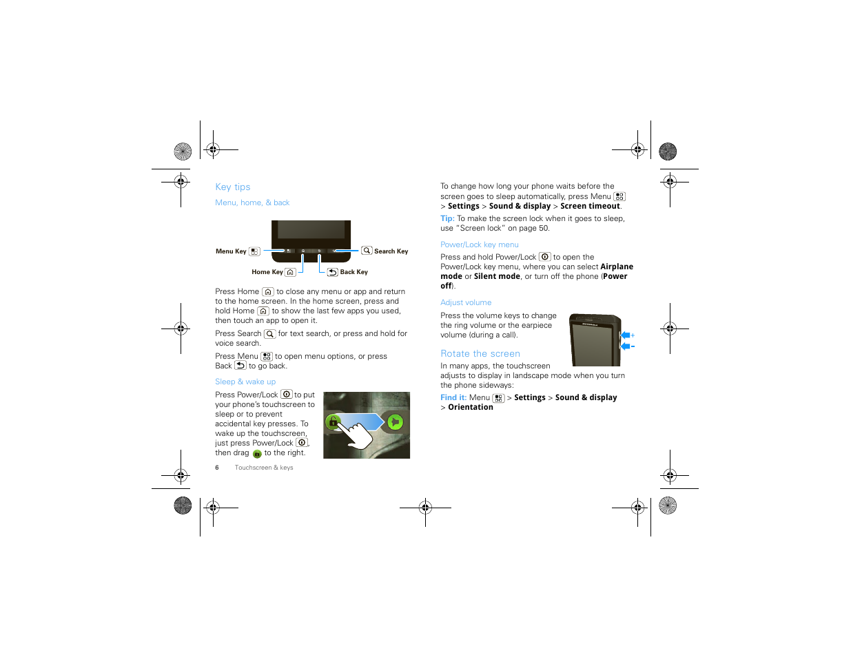 Key tips, Rotate the screen | Motorola 68000202880-A User Manual | Page 8 / 68